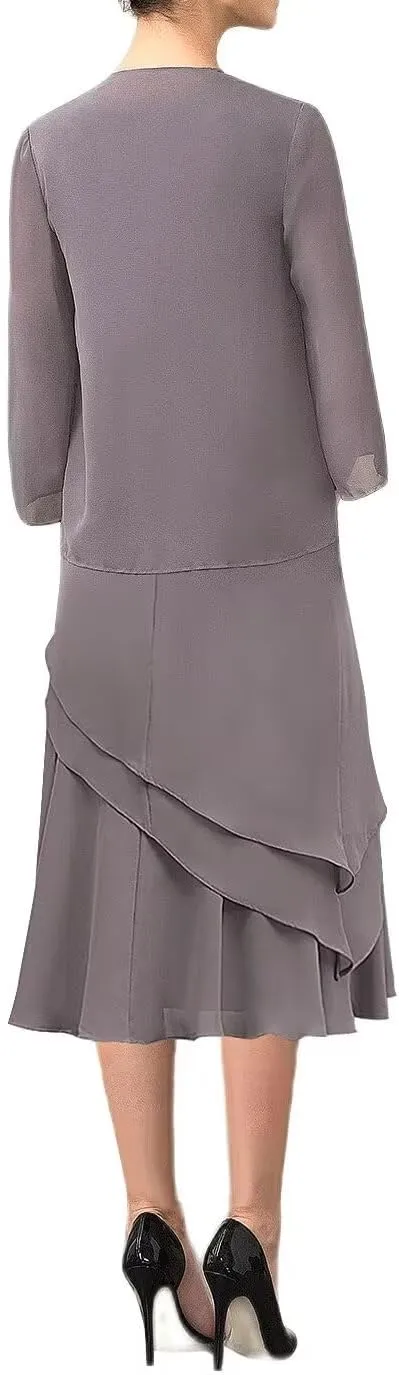 Tea Length Mother of The Bride Dresses with Jackets 2 Piece Chiffon Formal Evening Party Gowns for Wedding