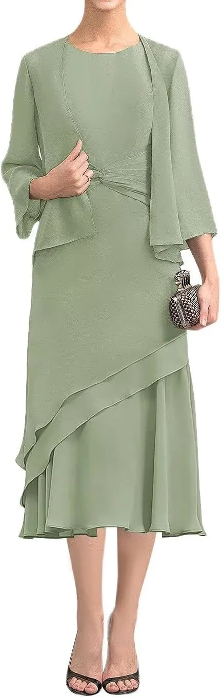 Tea Length Mother of The Bride Dresses with Jackets 2 Piece Chiffon Formal Evening Party Gowns for Wedding