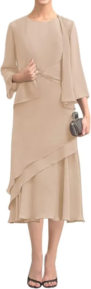 Tea Length Mother of The Bride Dresses with Jackets 2 Piece Chiffon Formal Evening Party Gowns for Wedding