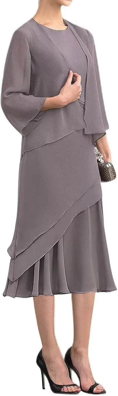 Tea Length Mother of The Bride Dresses with Jackets 2 Piece Chiffon Formal Evening Party Gowns for Wedding