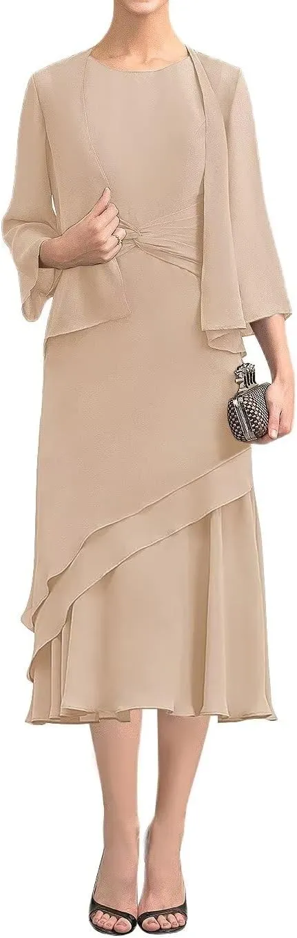 Tea Length Mother of The Bride Dresses with Jackets 2 Piece Chiffon Formal Evening Party Gowns for Wedding