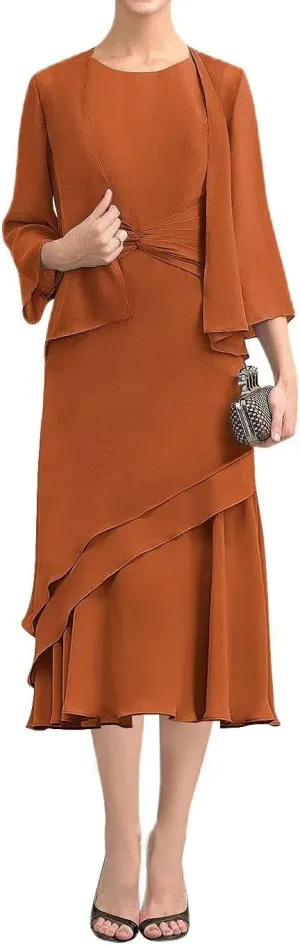 Tea Length Mother of The Bride Dresses with Jackets 2 Piece Chiffon Formal Evening Party Gowns for Wedding