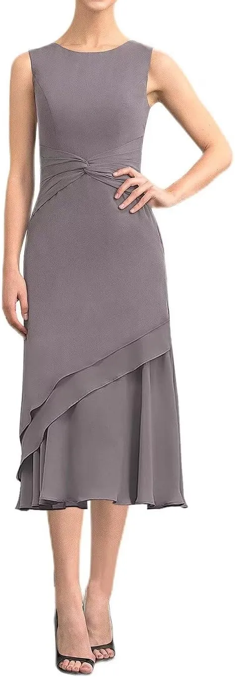 Tea Length Mother of The Bride Dresses with Jackets 2 Piece Chiffon Formal Evening Party Gowns for Wedding