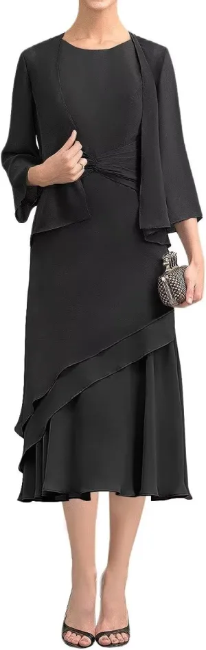 Tea Length Mother of The Bride Dresses with Jackets 2 Piece Chiffon Formal Evening Party Gowns for Wedding