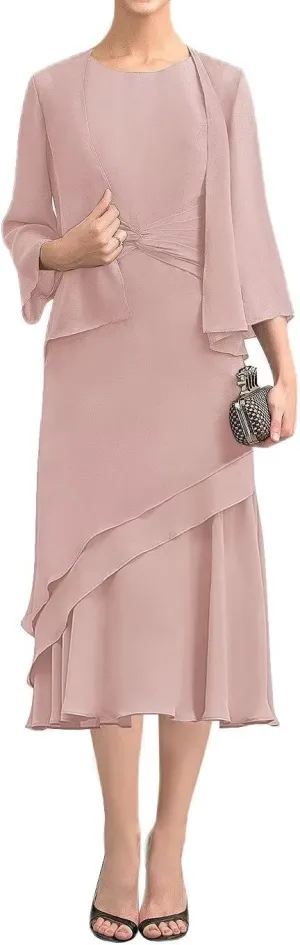 Tea Length Mother of The Bride Dresses with Jackets 2 Piece Chiffon Formal Evening Party Gowns for Wedding