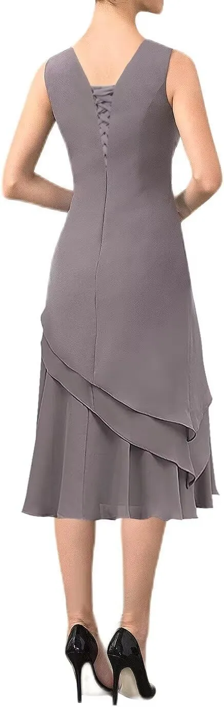 Tea Length Mother of The Bride Dresses with Jackets 2 Piece Chiffon Formal Evening Party Gowns for Wedding