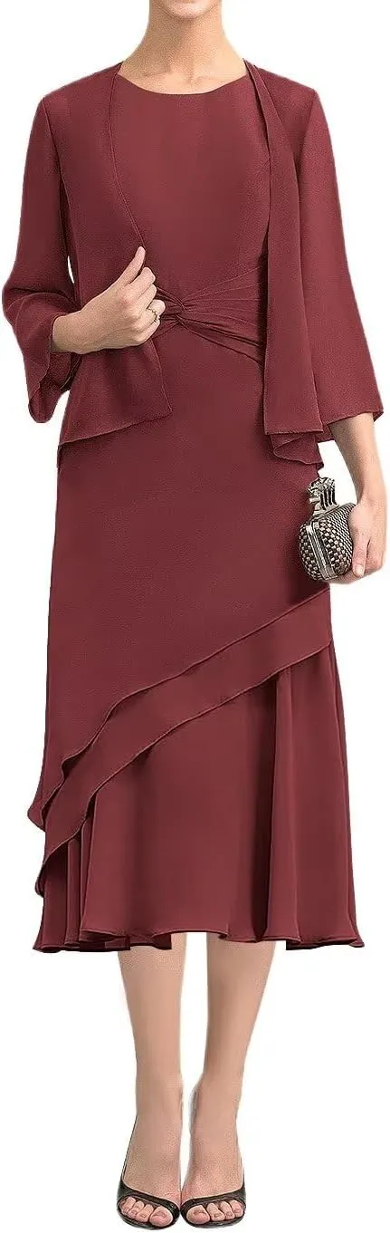 Tea Length Mother of The Bride Dresses with Jackets 2 Piece Chiffon Formal Evening Party Gowns for Wedding