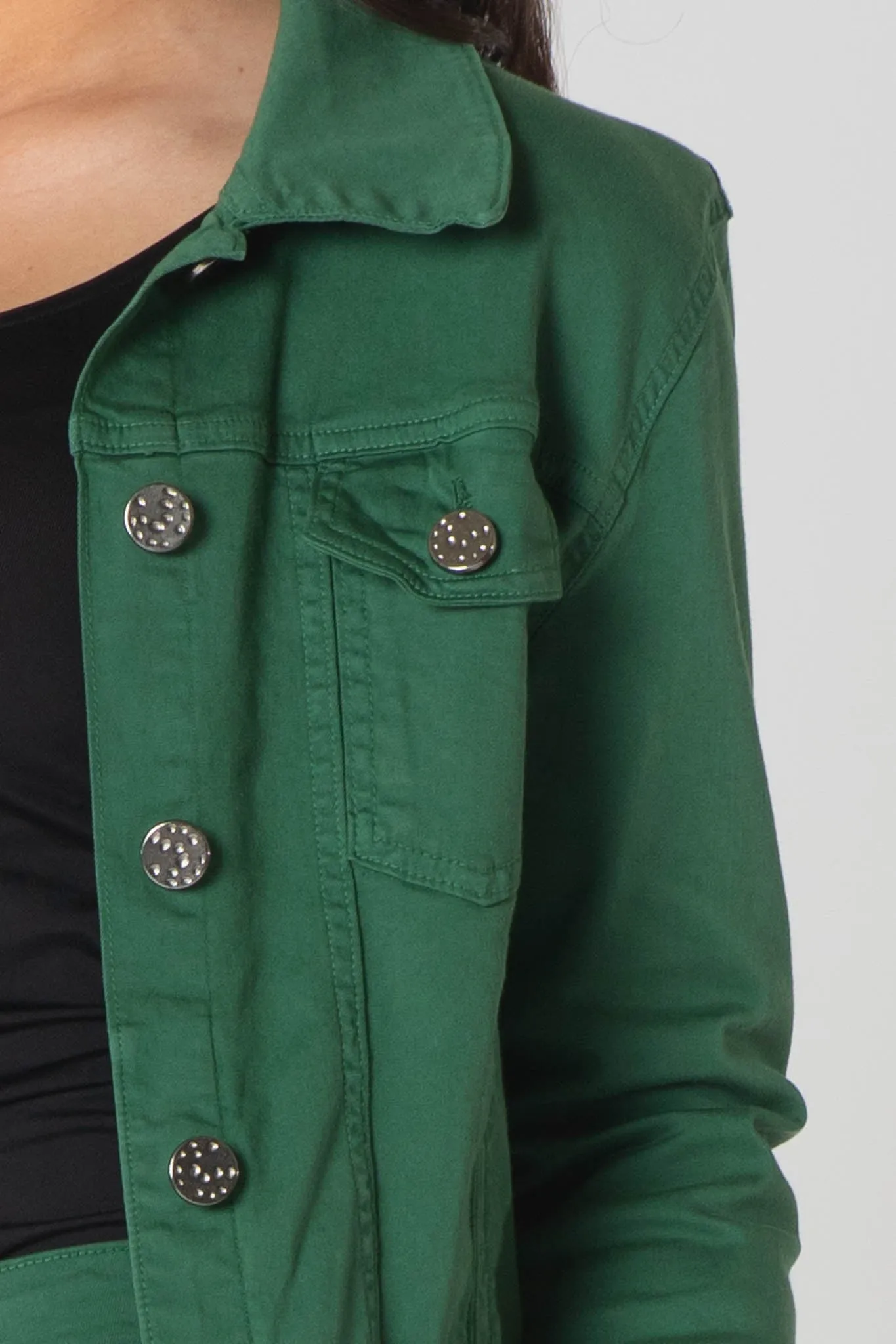 Teagan Classic Denim Jacket with Breast Pockets - Green