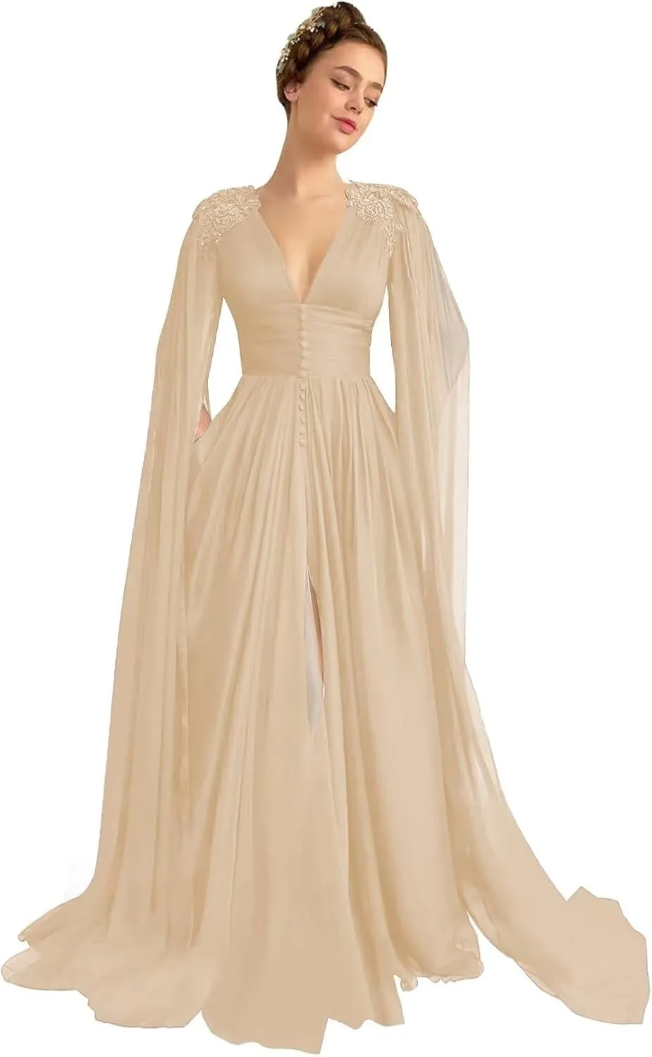 Tulle Wedding Dreses Long Sleeve Ball Gowns with Cape Lace Applique Slit Fomal Evening Gowns with Pockets