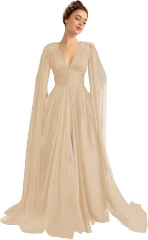 Tulle Wedding Dreses Long Sleeve Ball Gowns with Cape Lace Applique Slit Fomal Evening Gowns with Pockets