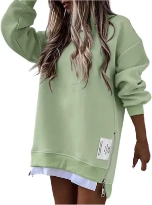 uhnmki Chic Me Womens Long Sleeve Zipper Slit Sweatshirt Casual Pullover Zipper Hoodies Womens Side Zipper Sweatshirts