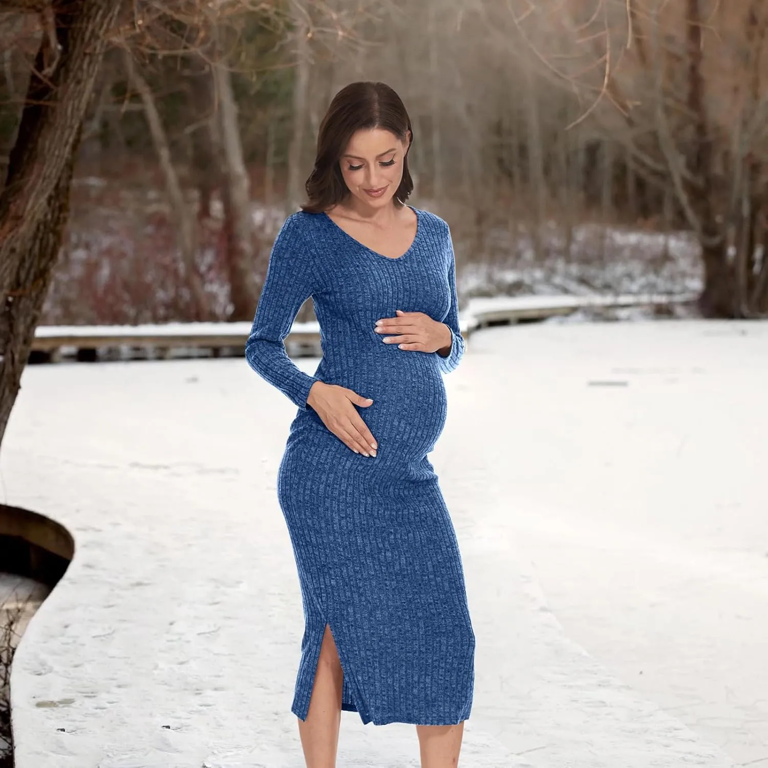 V Neck Side Ruch Knit Ribbed Maternity Bodycon DressMaternity Dress for Baby Shower