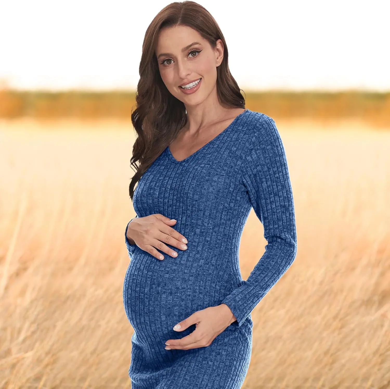 V Neck Side Ruch Knit Ribbed Maternity Bodycon DressMaternity Dress for Baby Shower