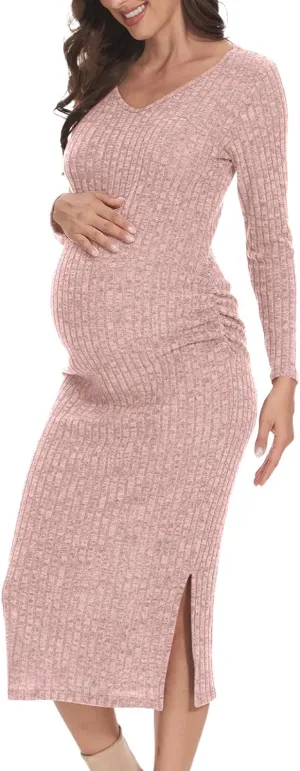 V Neck Side Ruch Knit Ribbed Maternity Bodycon DressMaternity Dress for Baby Shower