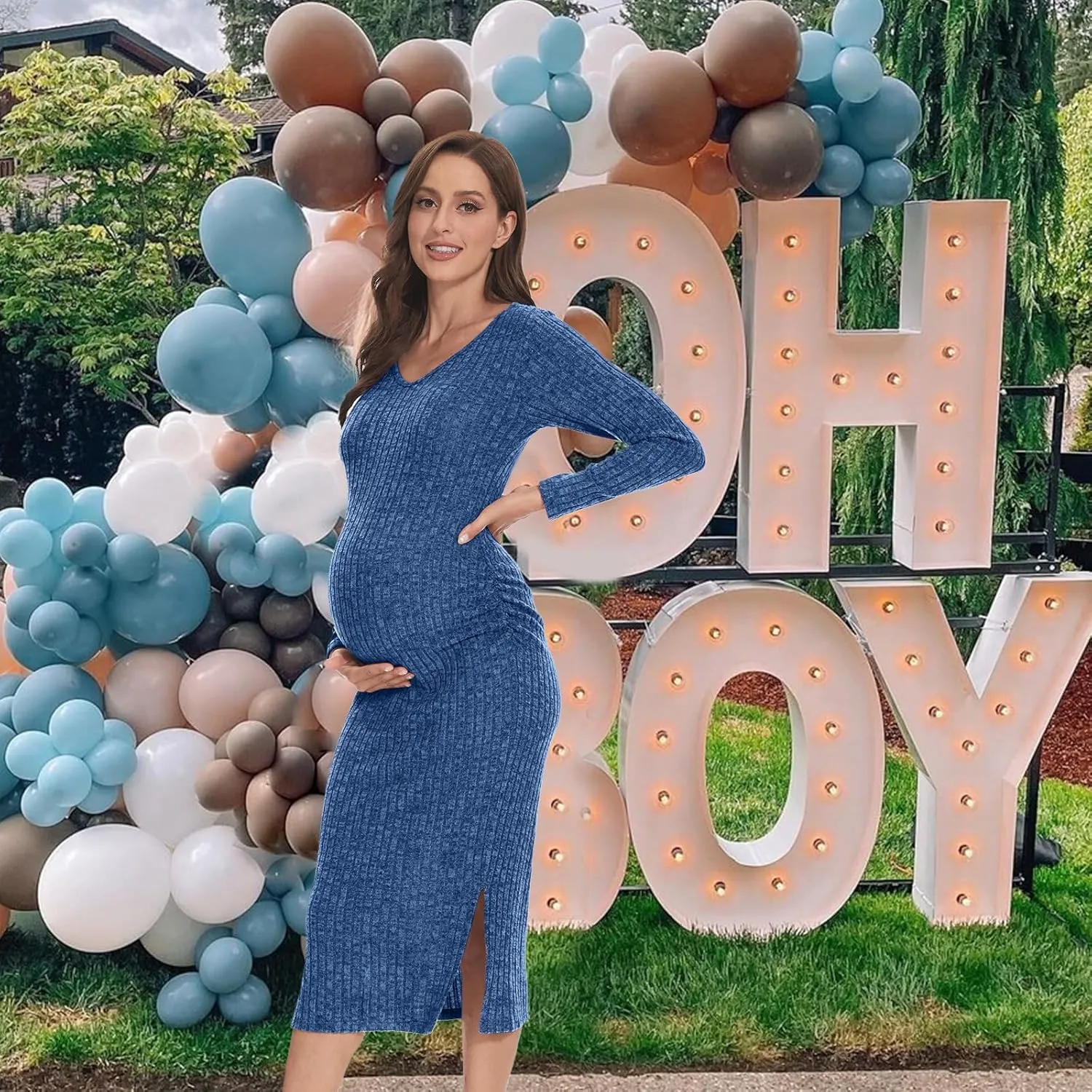 V Neck Side Ruch Knit Ribbed Maternity Bodycon DressMaternity Dress for Baby Shower