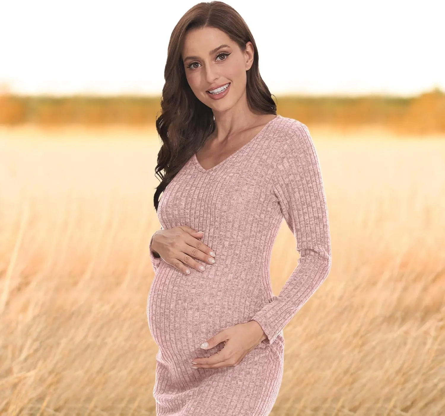 V Neck Side Ruch Knit Ribbed Maternity Bodycon DressMaternity Dress for Baby Shower