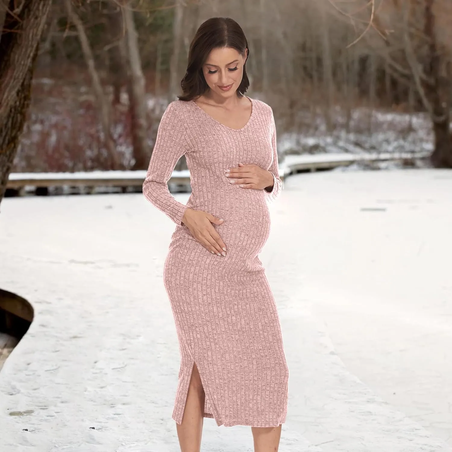 V Neck Side Ruch Knit Ribbed Maternity Bodycon DressMaternity Dress for Baby Shower