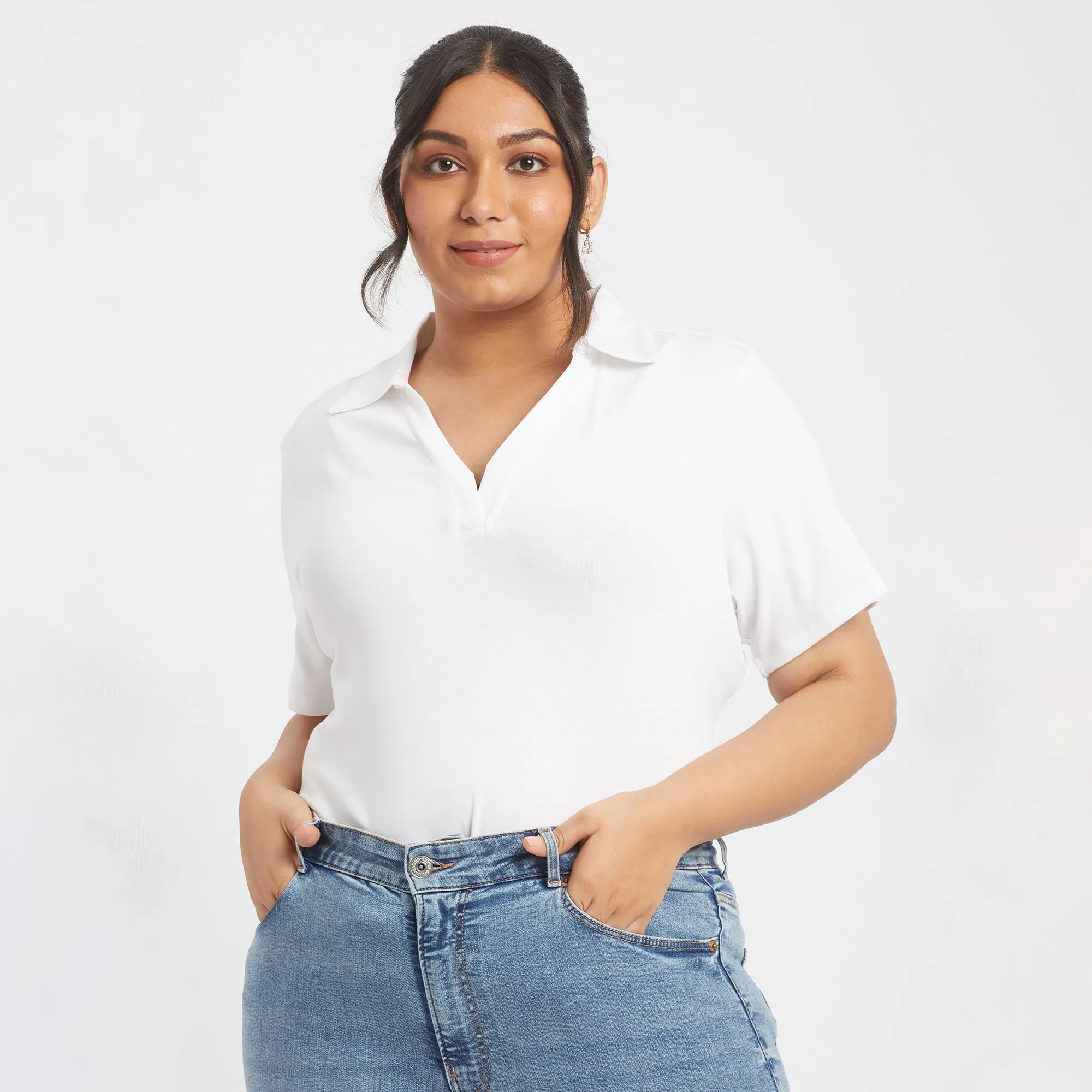 White Cotton Rib Plus Size Collared Top
