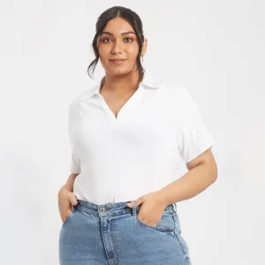 White Cotton Rib Plus Size Collared Top