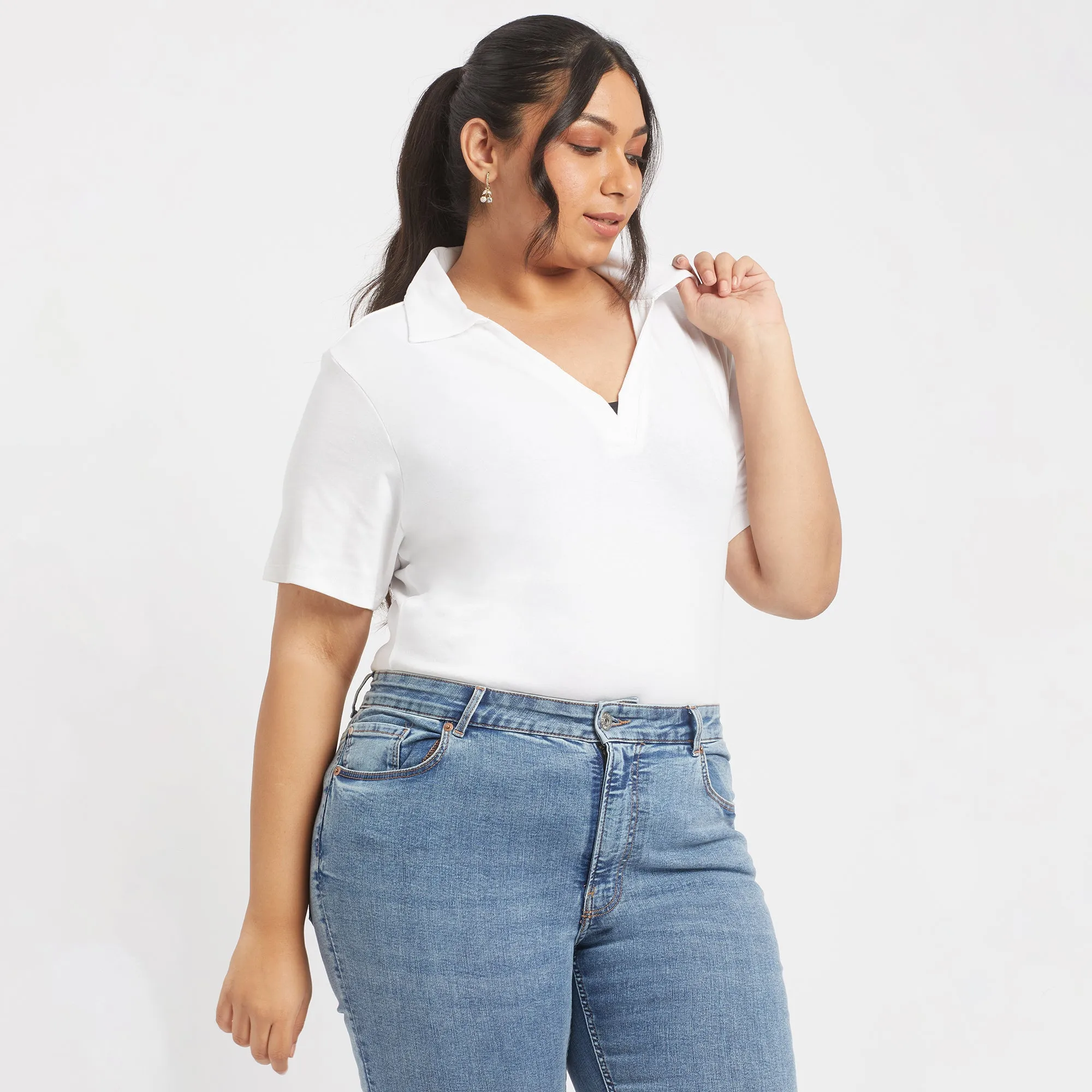 White Cotton Rib Plus Size Collared Top