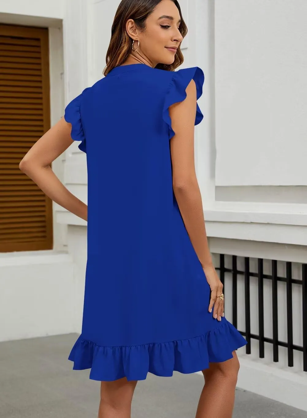Wkior Summer Dresses for Women 2025 Casual V Neck Cap Sleeve Ruffled Hem T-Shirt Dress Flowy Swing Smock Mini Sundress