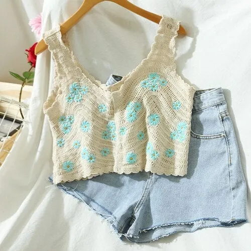 Woman Vest Strap Sleeveless Embroidery Tank Top Chic Fashion Short