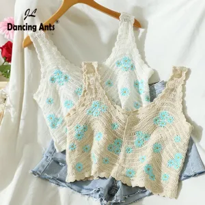 Woman Vest Strap Sleeveless Embroidery Tank Top Chic Fashion Short