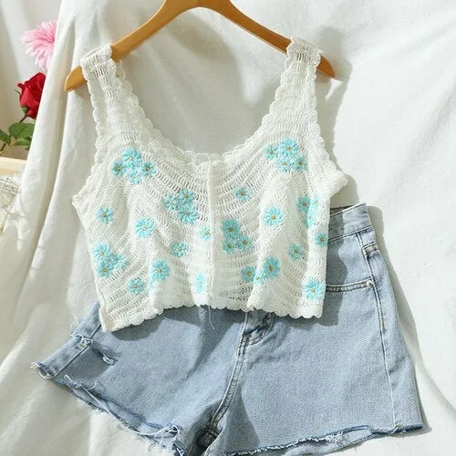 Woman Vest Strap Sleeveless Embroidery Tank Top Chic Fashion Short