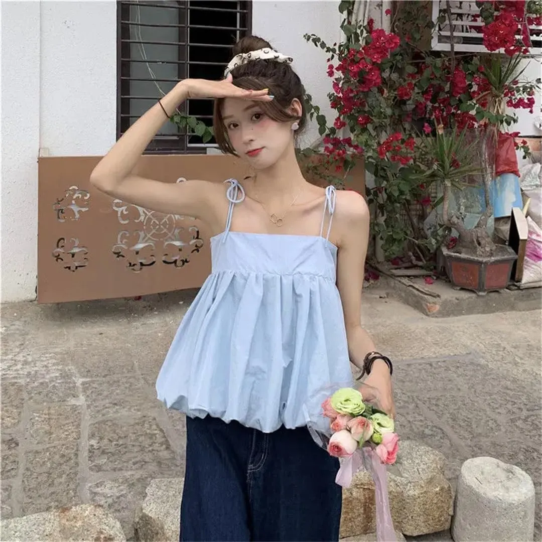Women Blue Camisoles Backless Fresh Basic Sleeveless Tees Bandage Camis Tank Tops