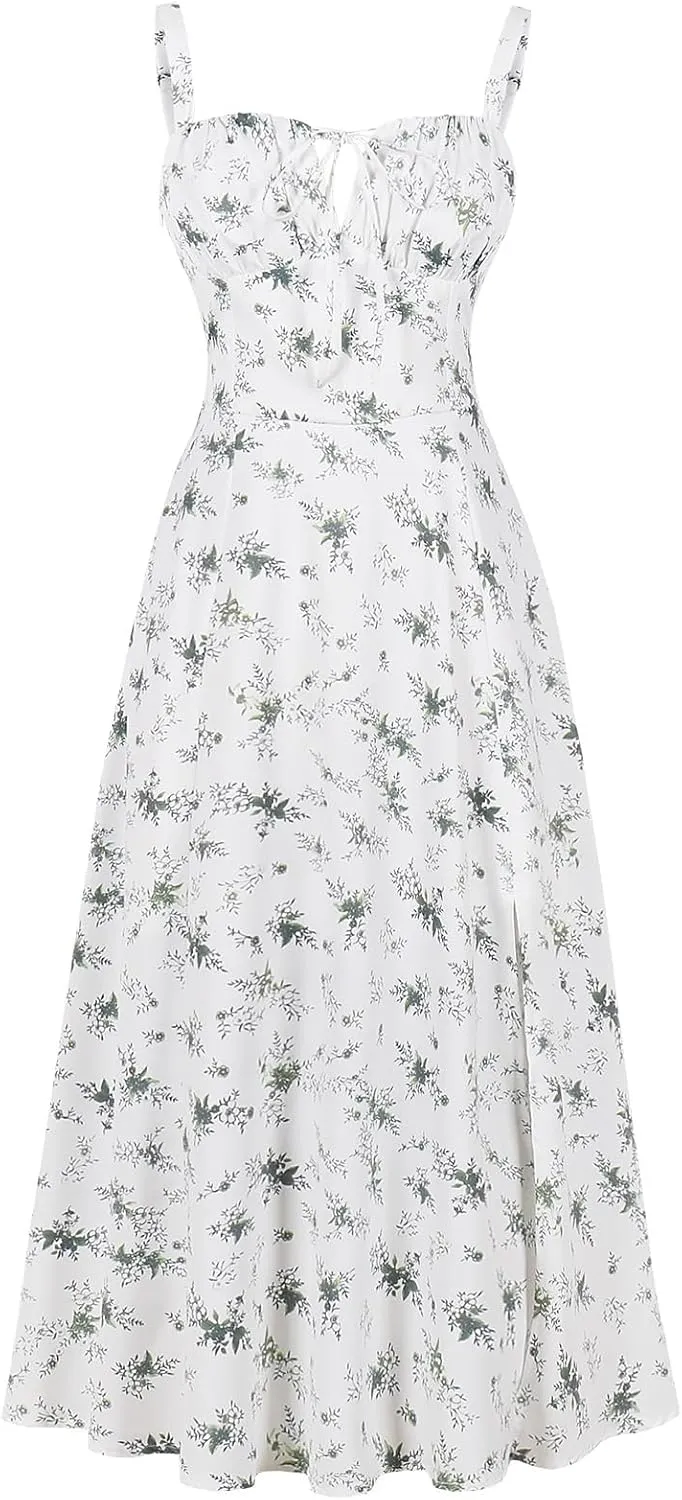 Women Floral Corset Dress Sleeveless Square Neck Spaghetti Straps Dress Boho Holiday Flowy Midi Bustier Sundress