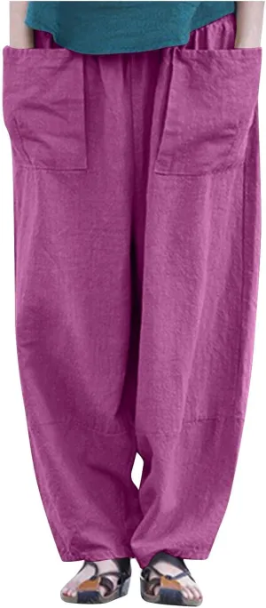 Women Vintage Cotton Linen Pants Casual Solid Color Pant 2025 Summer Loose Lightweight Trousers with Pockets