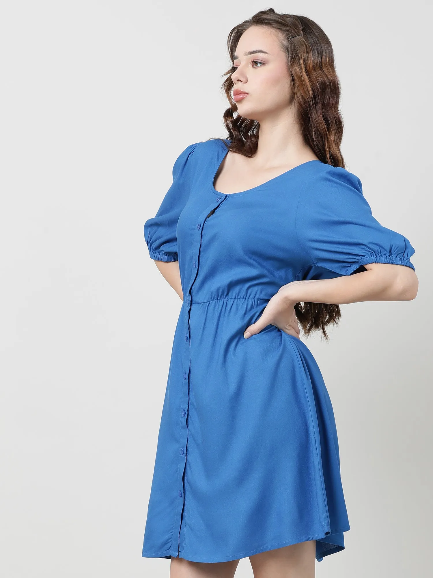 Women Viscose Solid Blue Dress