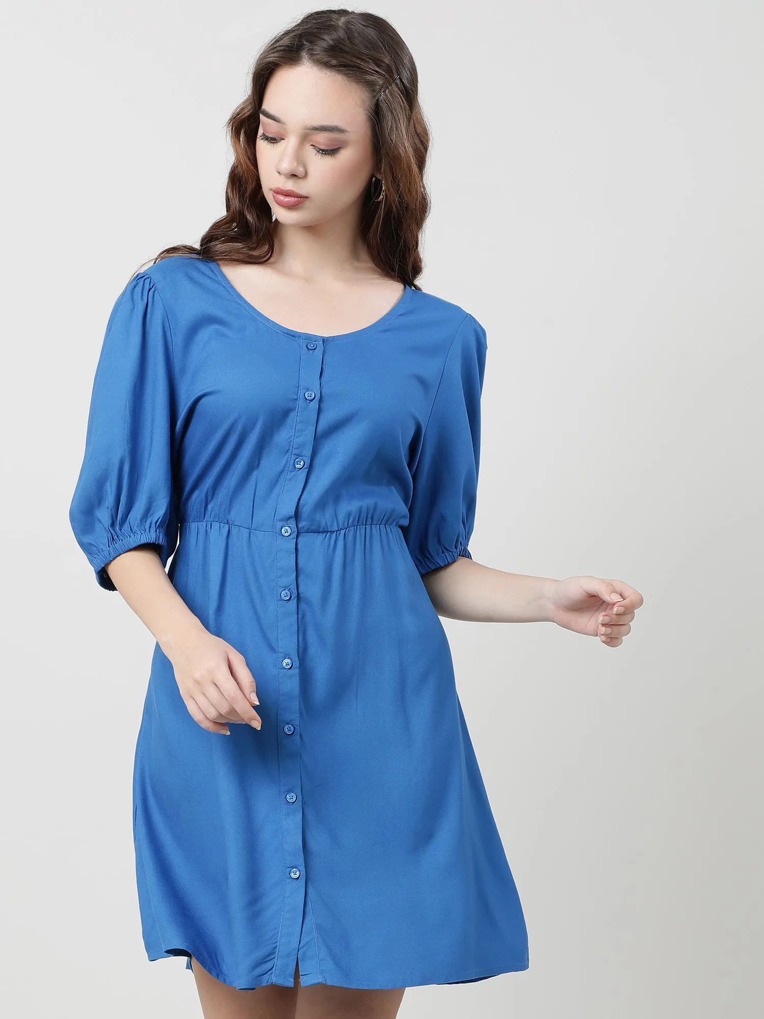 Women Viscose Solid Blue Dress