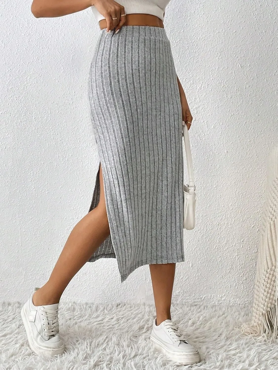Women's Basic Casual High Waist Slit Midi Skirt Natural Plain Regular Split Rib-Knit Casual Skirts
