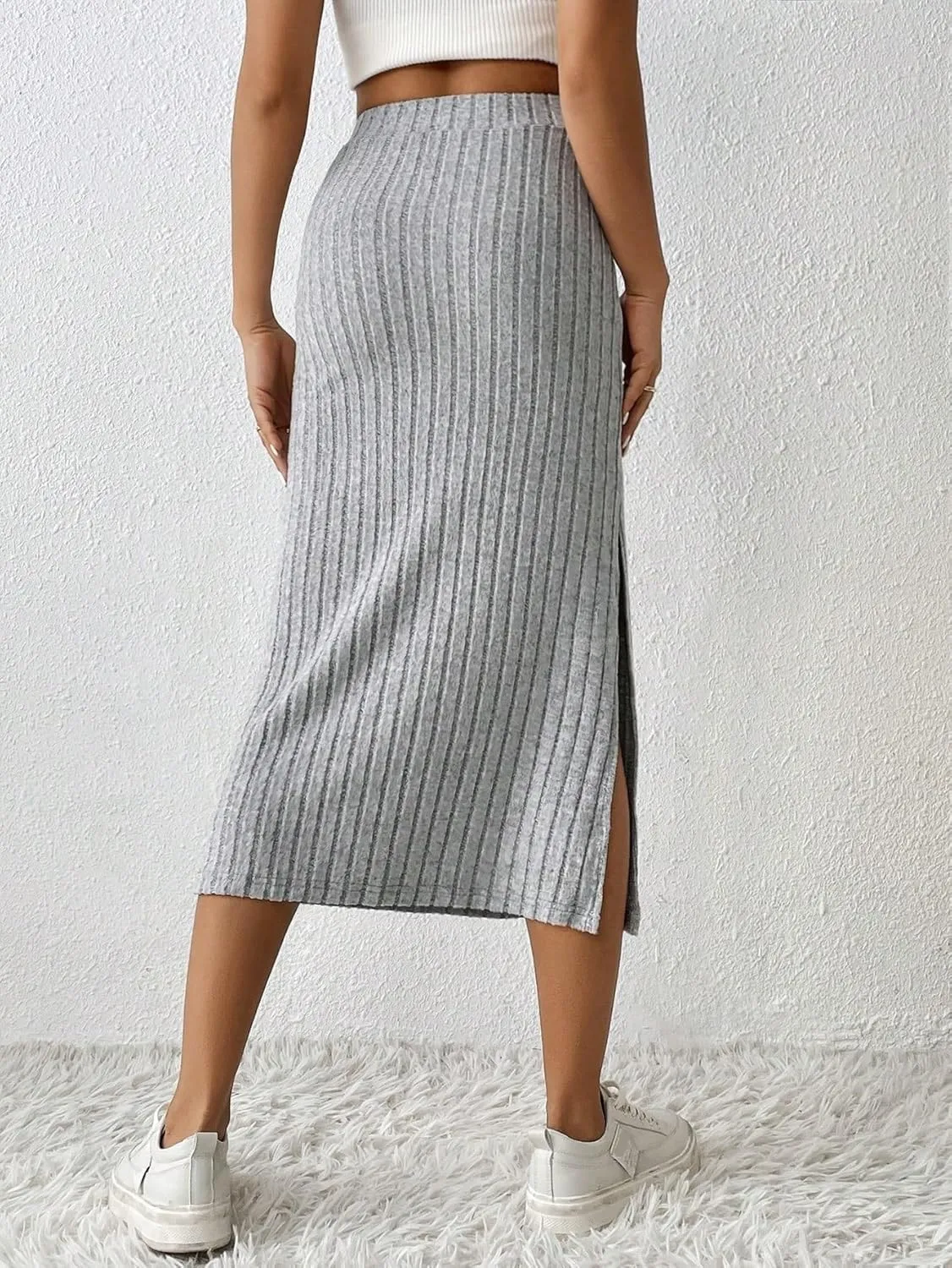 Women's Basic Casual High Waist Slit Midi Skirt Natural Plain Regular Split Rib-Knit Casual Skirts