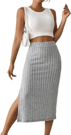 Women's Basic Casual High Waist Slit Midi Skirt Natural Plain Regular Split Rib-Knit Casual Skirts