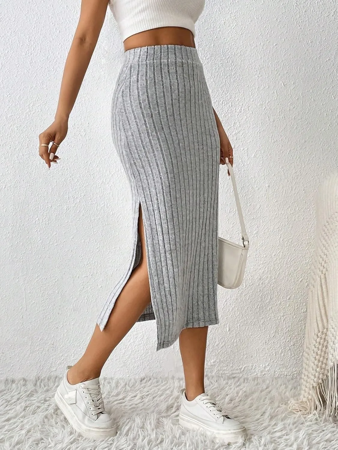 Women's Basic Casual High Waist Slit Midi Skirt Natural Plain Regular Split Rib-Knit Casual Skirts
