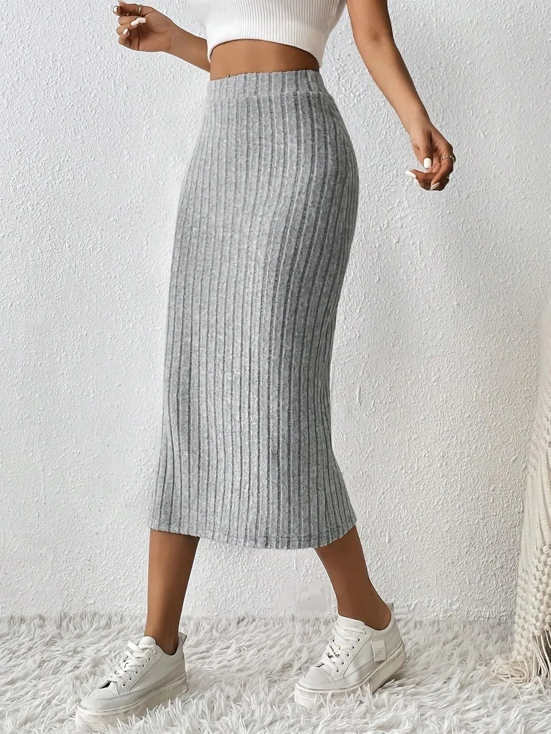 Women's Basic Casual High Waist Slit Midi Skirt Natural Plain Regular Split Rib-Knit Casual Skirts