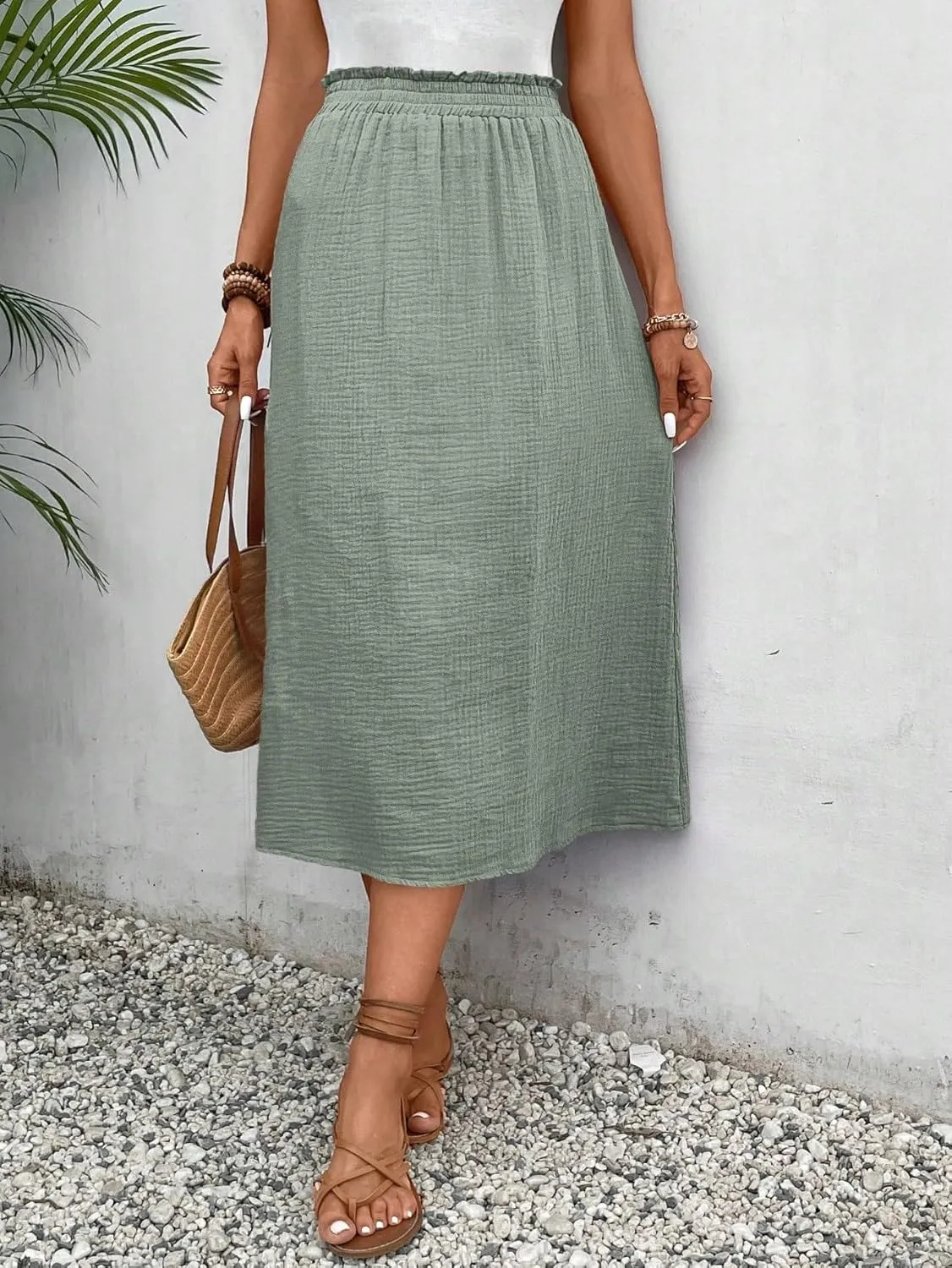 Women's Basic Frenchy Solid Paperbag Waist Midi Skirt A Line Natural Regular Fit Casual Skirts