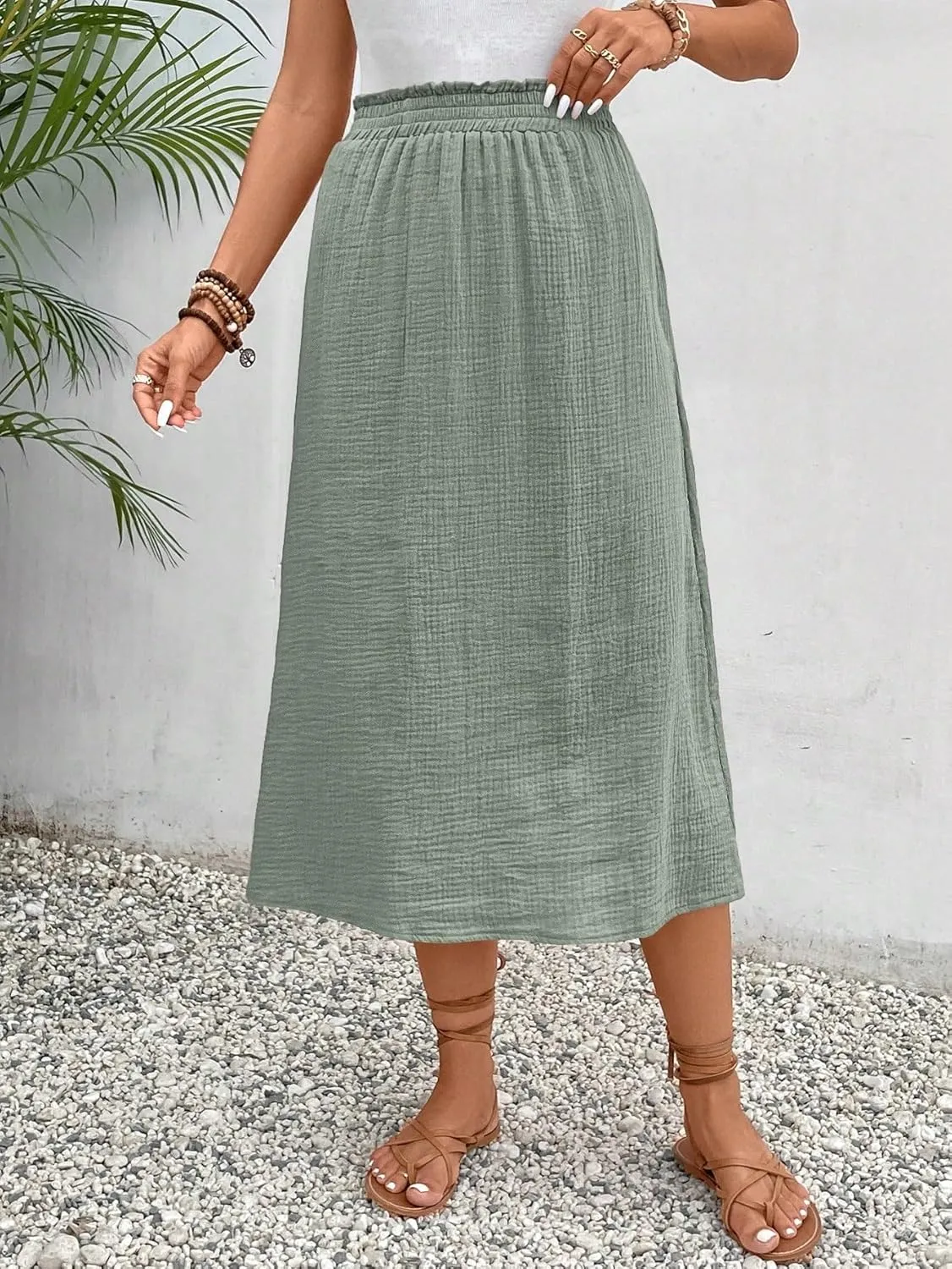 Women's Basic Frenchy Solid Paperbag Waist Midi Skirt A Line Natural Regular Fit Casual Skirts