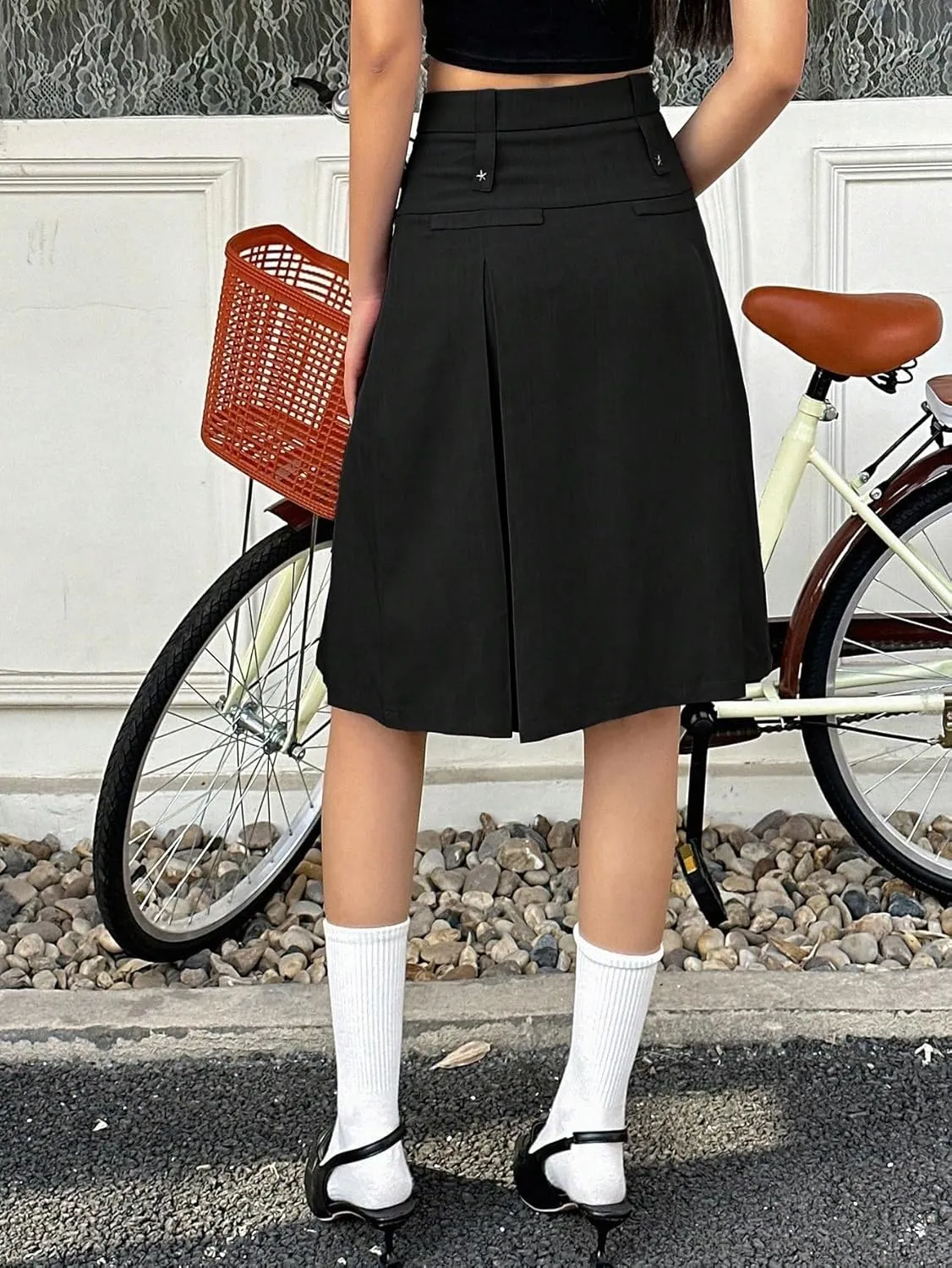 Women's Basic Spring Summer Natural Casual Solid Color Pleated Midi Skirt Knee Length Casual Skirts