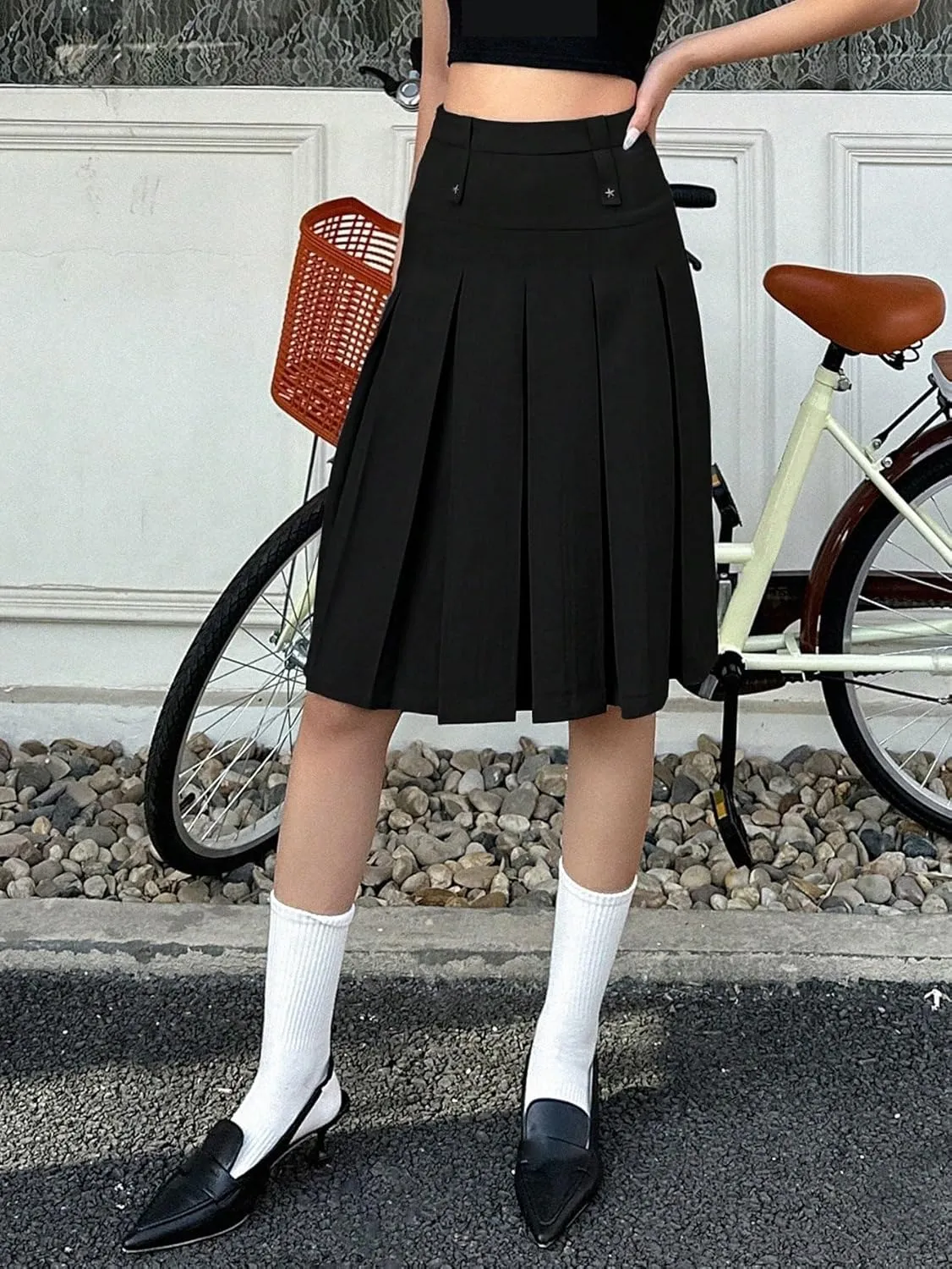 Women's Basic Spring Summer Natural Casual Solid Color Pleated Midi Skirt Knee Length Casual Skirts
