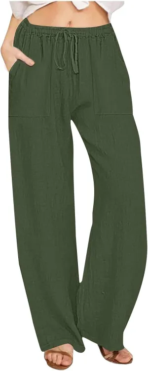 Womens Casual Cotton Linen Pants Lightweight Summer Elastic Waist Lounge Long Trousers High Waisted Wide Leg Trousers
