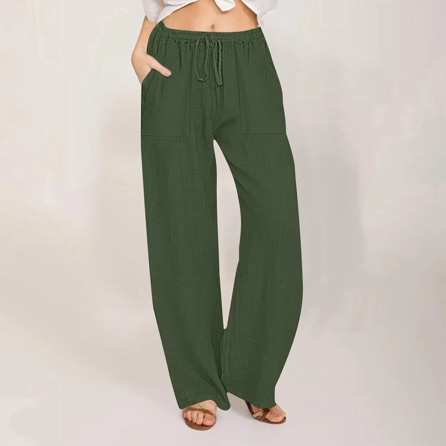 Womens Casual Cotton Linen Pants Lightweight Summer Elastic Waist Lounge Long Trousers High Waisted Wide Leg Trousers