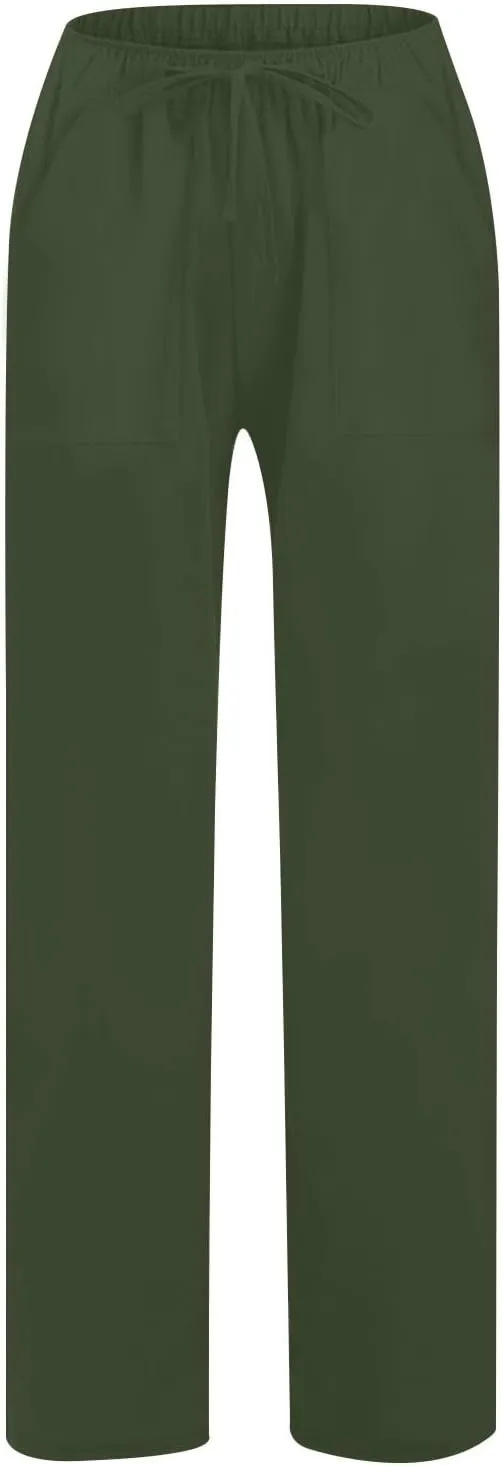 Womens Casual Cotton Linen Pants Lightweight Summer Elastic Waist Lounge Long Trousers High Waisted Wide Leg Trousers