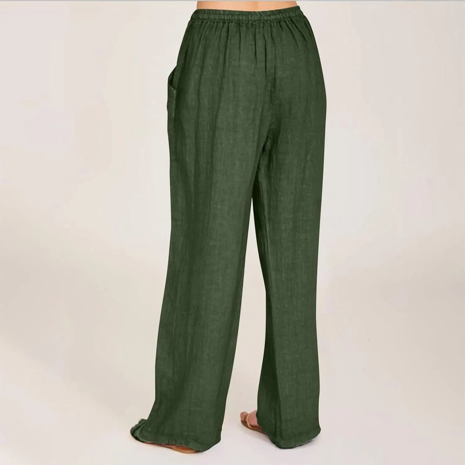 Womens Casual Cotton Linen Pants Lightweight Summer Elastic Waist Lounge Long Trousers High Waisted Wide Leg Trousers