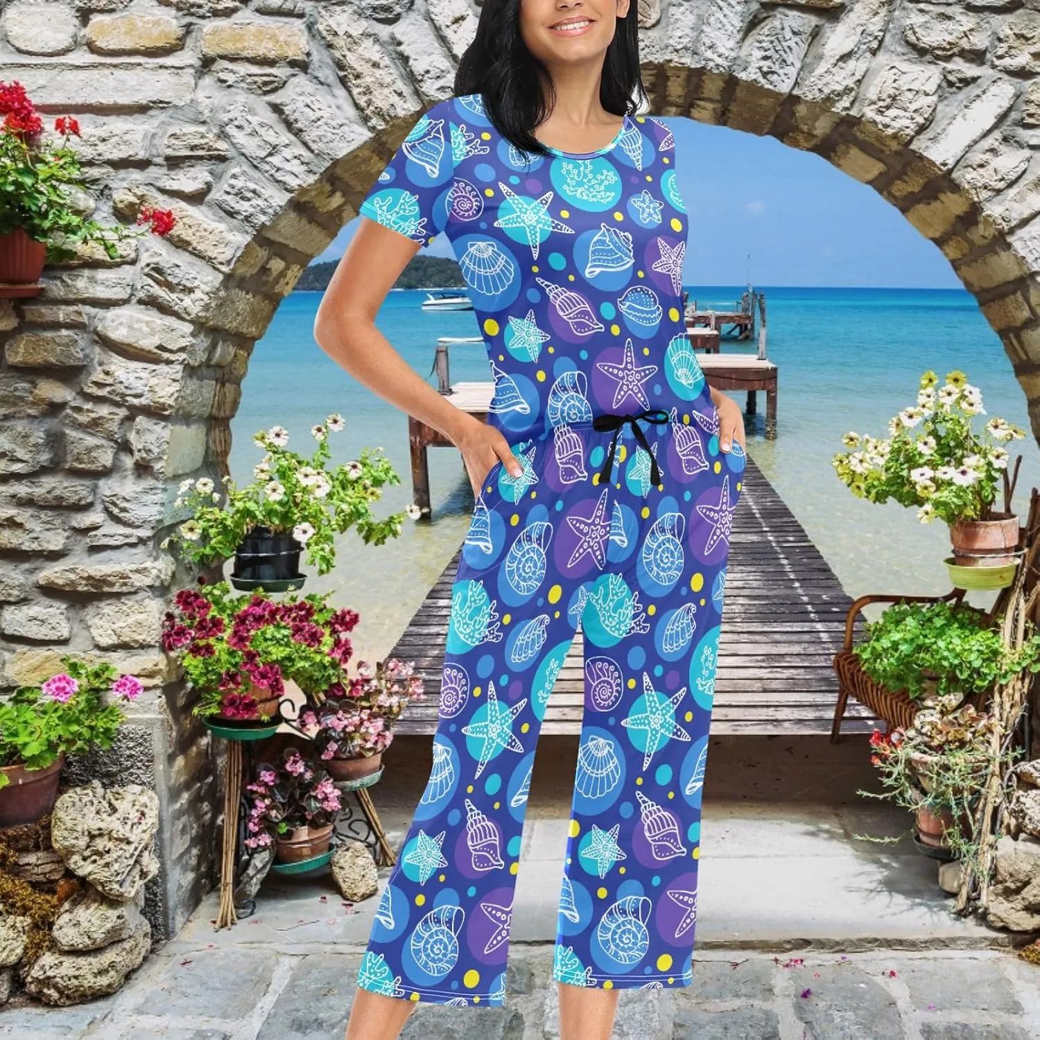 Women's Comfy Chic 2 Pcs Loungewear Set,Casual Sleepwear Short Sleeve Tops & Capri Pants PJs Set with Pockets S-XXL