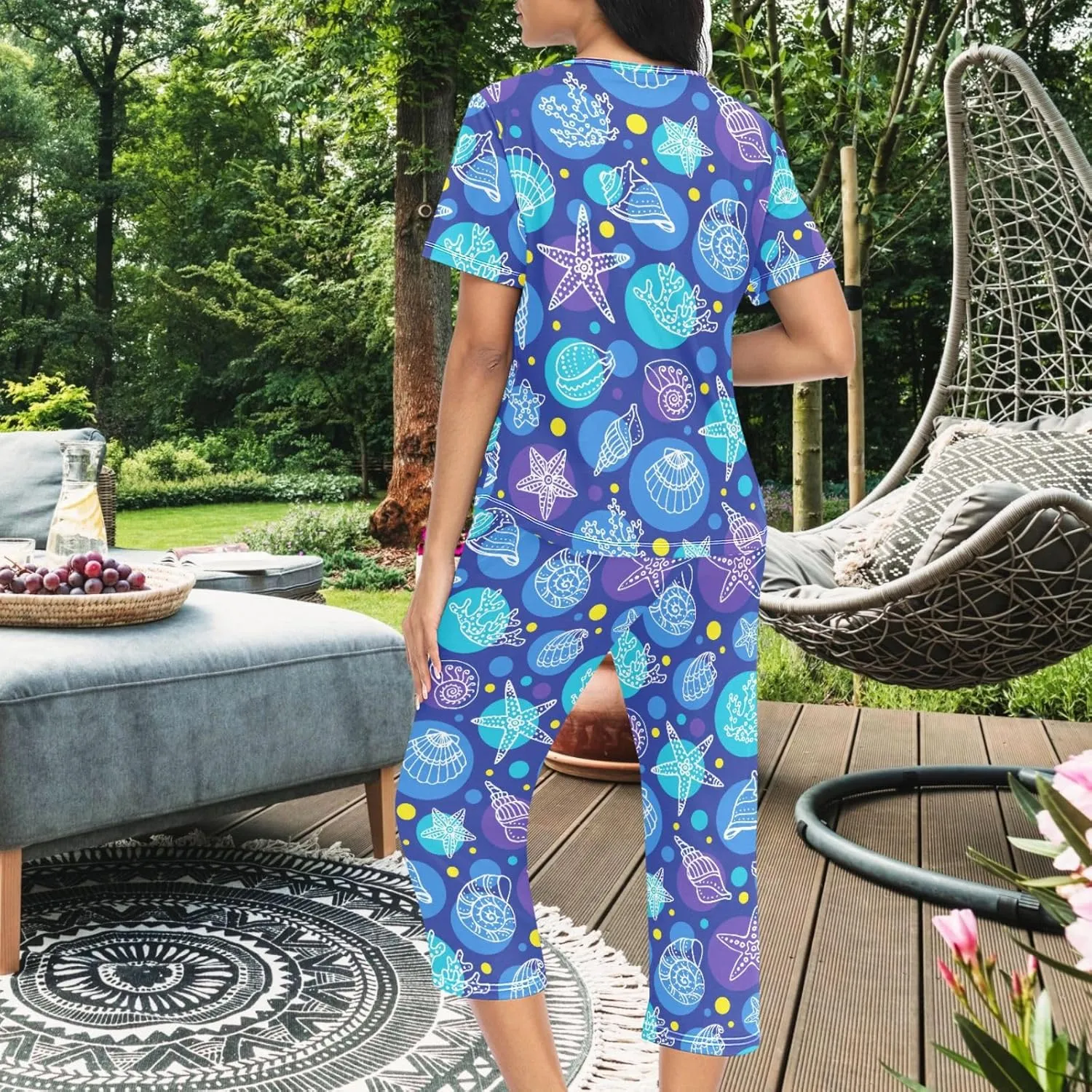Women's Comfy Chic 2 Pcs Loungewear Set,Casual Sleepwear Short Sleeve Tops & Capri Pants PJs Set with Pockets S-XXL