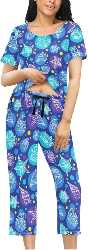 Women's Comfy Chic 2 Pcs Loungewear Set,Casual Sleepwear Short Sleeve Tops & Capri Pants PJs Set with Pockets S-XXL
