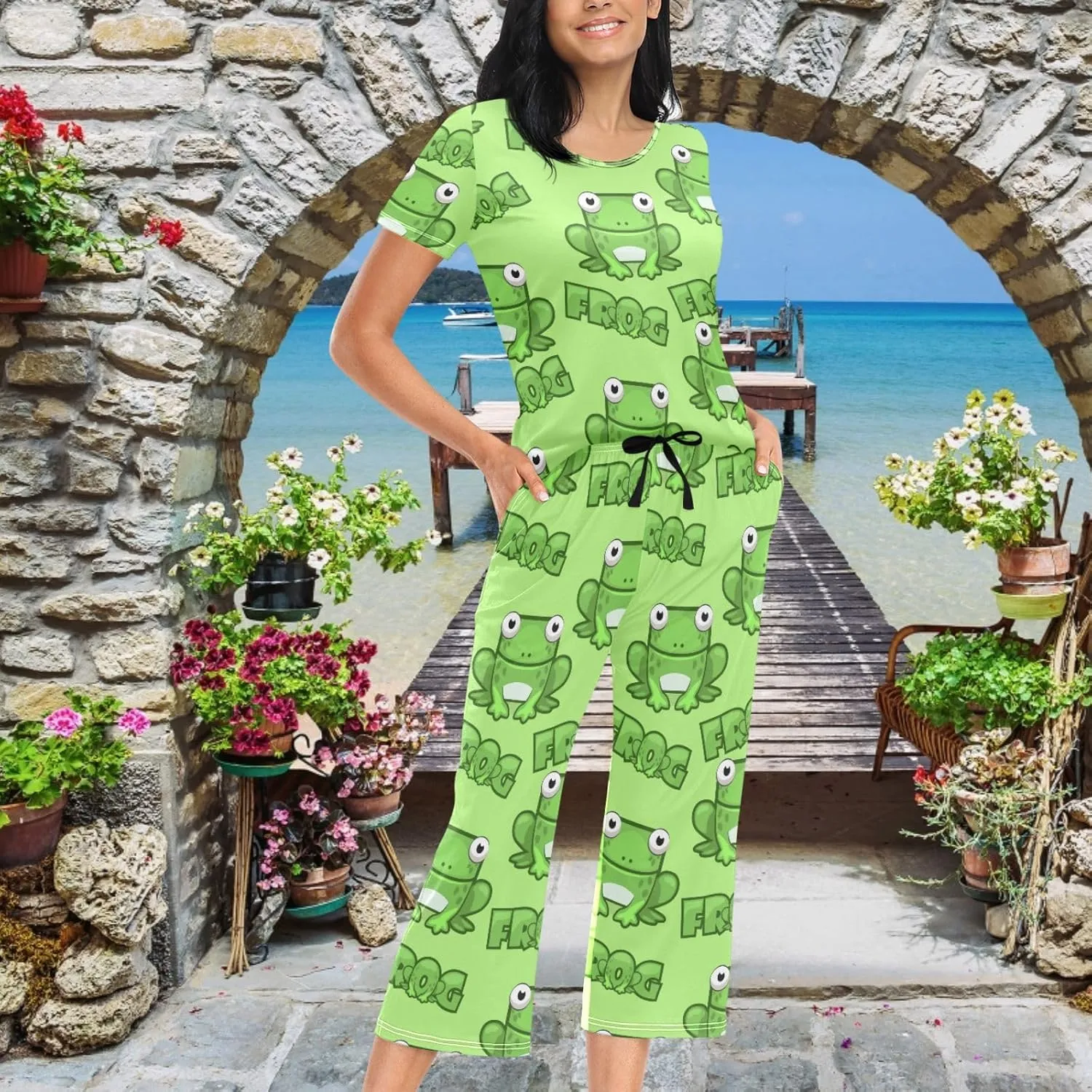 Women's Comfy Chic 2 Pcs Loungewear Set,Casual Sleepwear Short Sleeve Tops & Capri Pants PJs Set with Pockets S-XXL